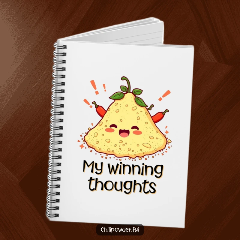 Funny notebook cover with a pile of chili powder characters cheering with exclamation marks, for capturing notes with a spicy, enthusiastic twist.