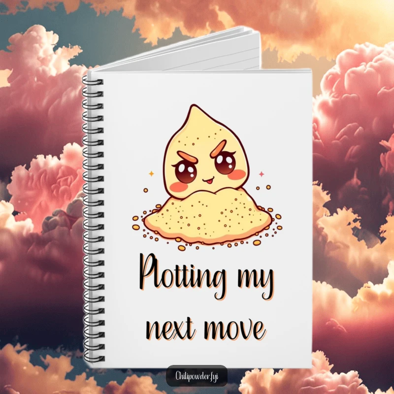 Funny chili powder notebook with a mischievous winking character and googly eyes, perfect for jotting down ideas.