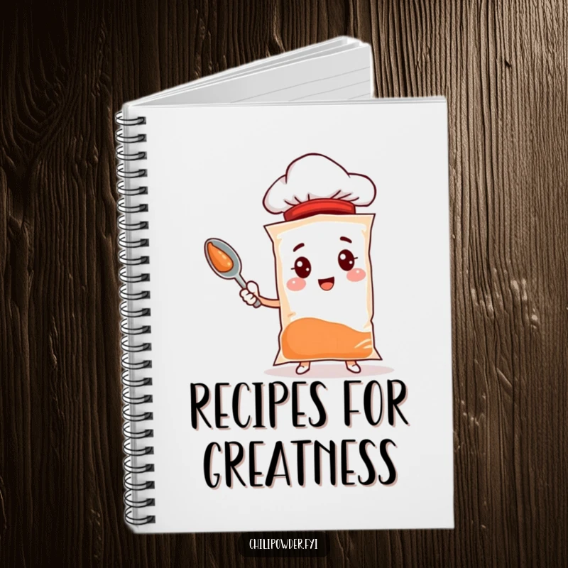 Funny chili powder notebook with a spice bag character wearing a tiny chef hat, perfect for recipe writing and kitchen notes.