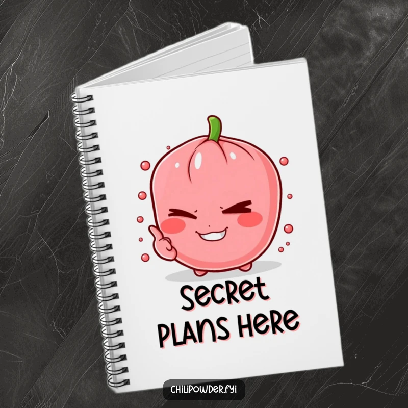 Funny chili powder pinch winking on a notebook cover, inspiring sly thoughts and creative ideas.