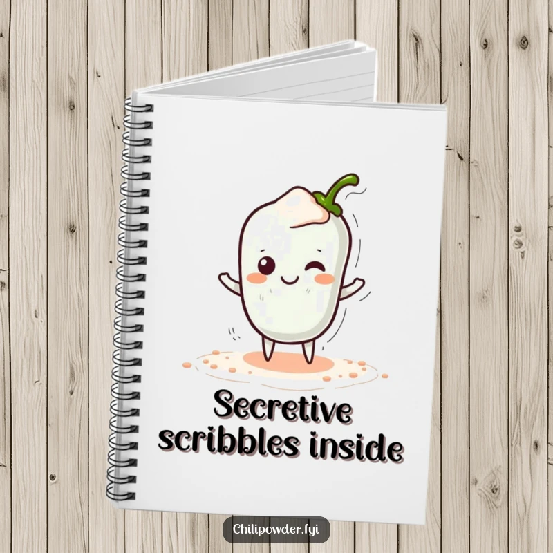 Funny Kawaii Chili Powder Notebook - A cute cartoon chili powder character tiptoeing sneakily with a hidden smile, perfect for playful journaling.