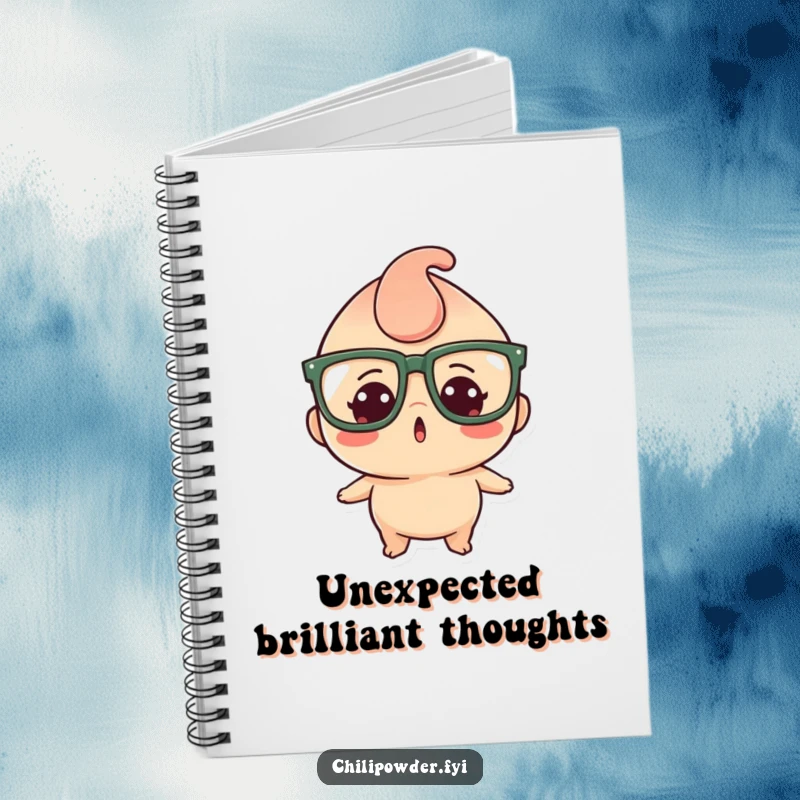 Funny notebook decorated with a kawaii chili powder character in large glasses, expressing a hilarious, surprised look.