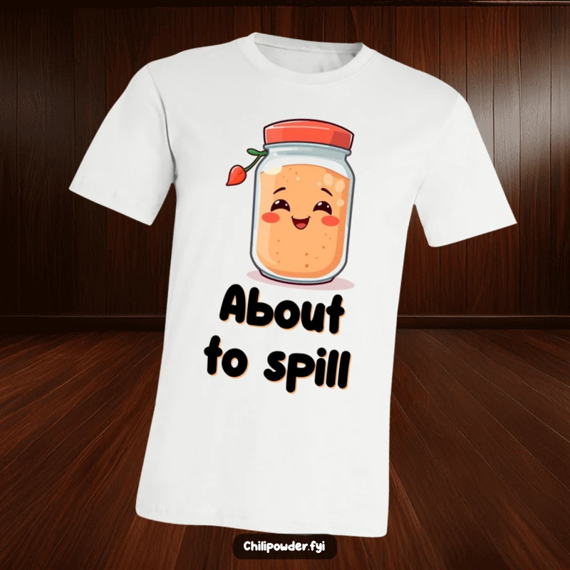 A smiling chili powder jar tipping over playfully, featured on a funny t-shirt that radiates lightheartedness and humor.