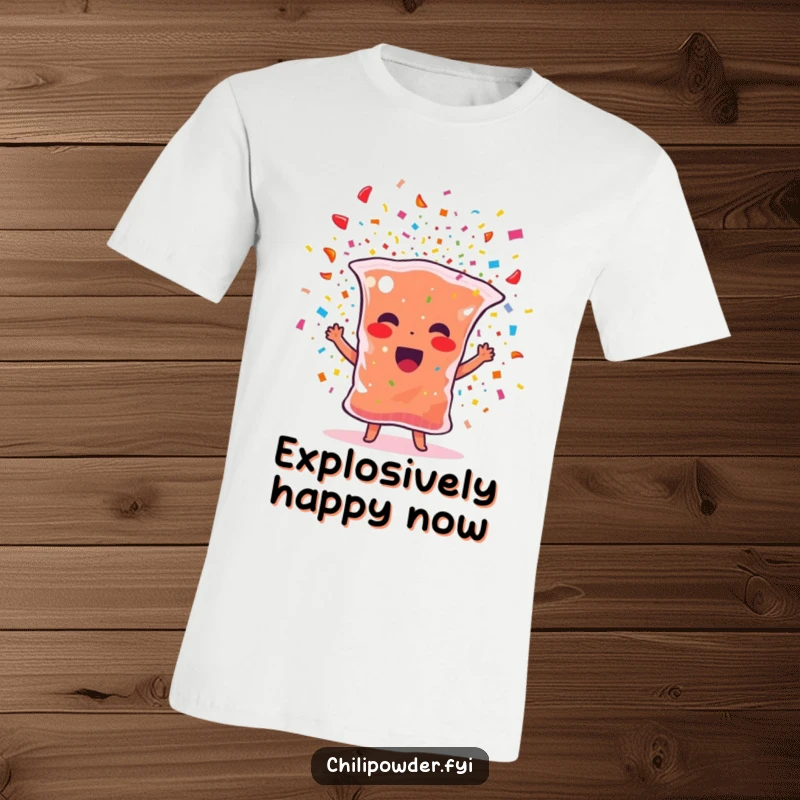Funny chili powder t-shirt with a spice bag character bursting with colorful confetti, radiating pure fun and festivity.