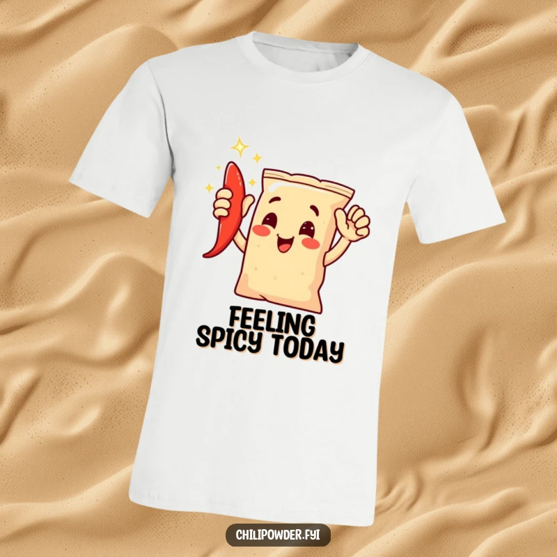 Funny chili powder bag character enthusiastically high-fiving, radiating joy and a shimmering effect on a T-shirt.