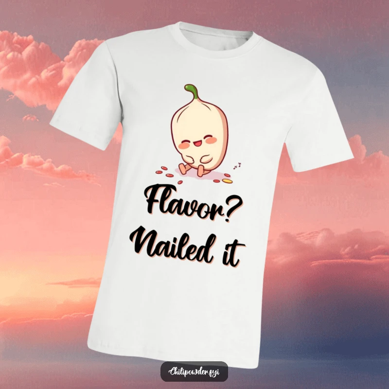 Funny chili powder character tripping slightly but smiling, dusting itself off on a t-shirt, showing off resilience.