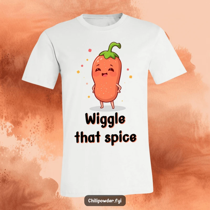 Funny t-shirt depicting a chili powder sprinkle joyfully wiggling its hips, a comical representation of spice and carefree merriment.
