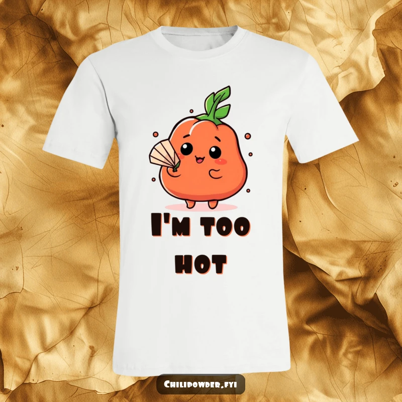 Funny Kawaii chili powder character in a dramatic pose, fanning itself with a leaf on a funny t-shirt.