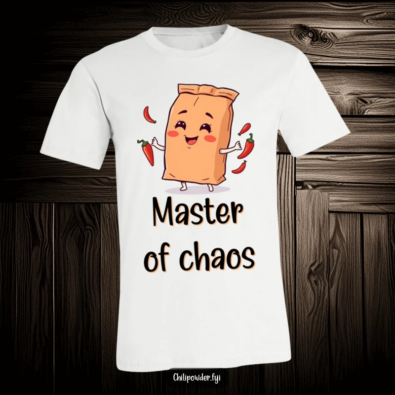 Funny chili powder bag character juggling small chili peppers with a playful smirk, printed on a t-shirt, celebrating skill and fun.
