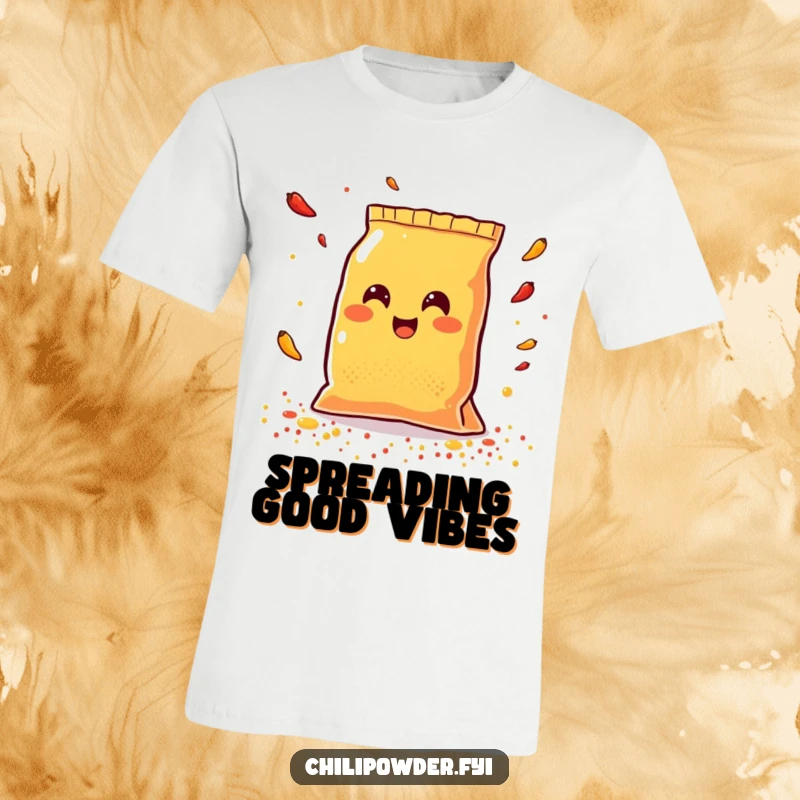 Funny Kawaii chili powder bag beaming with joy while scattering colorful spices, a vibrant and funny t-shirt.