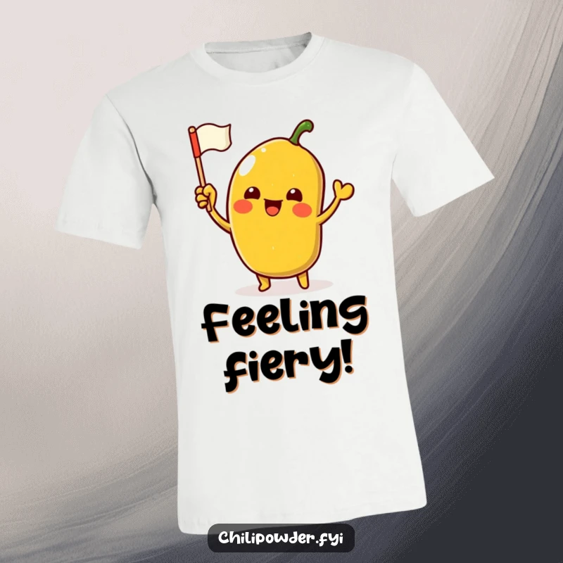 Funny T-Shirt showcasing an excited kawaii chili powder character vigorously waving a miniature flag, radiating spicy energy.
