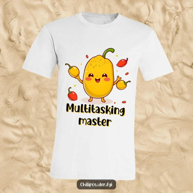 Funny Kawaii Chili Powder T-Shirt - A cute cartoon chili powder character juggling small smiling peppers with tiny arms, great for spicy apparel.