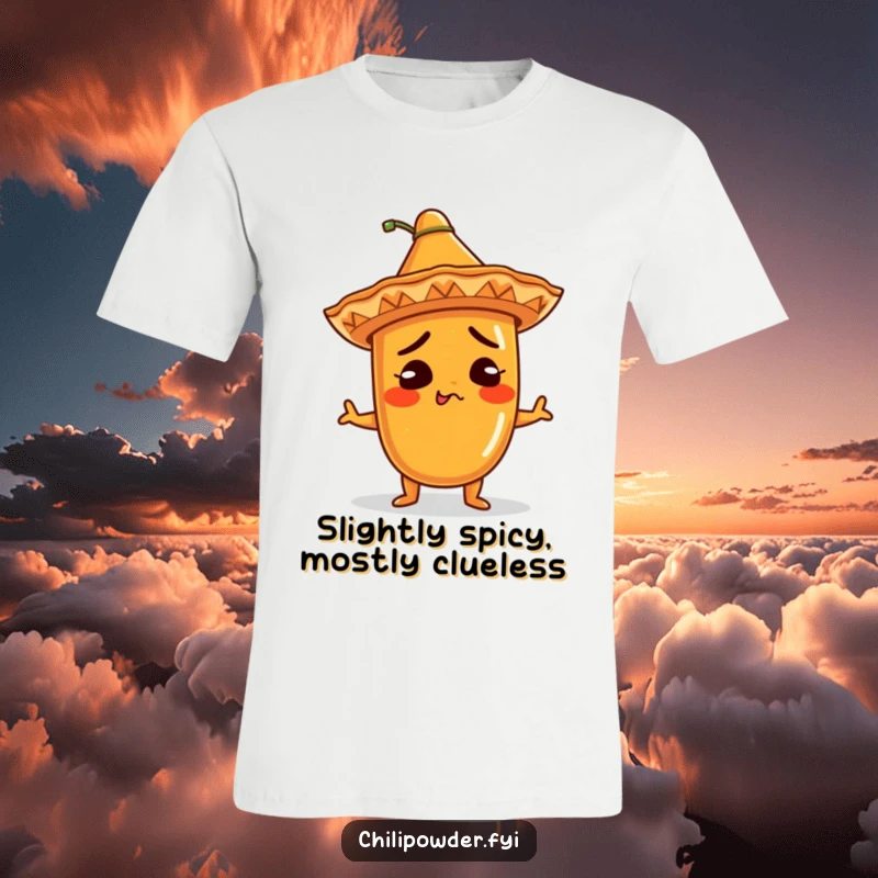 Funny T-Shirt: Kawaii chili powder character wearing a small sombrero, shrugging innocently, expressing comical bewilderment, a unique apparel gift.