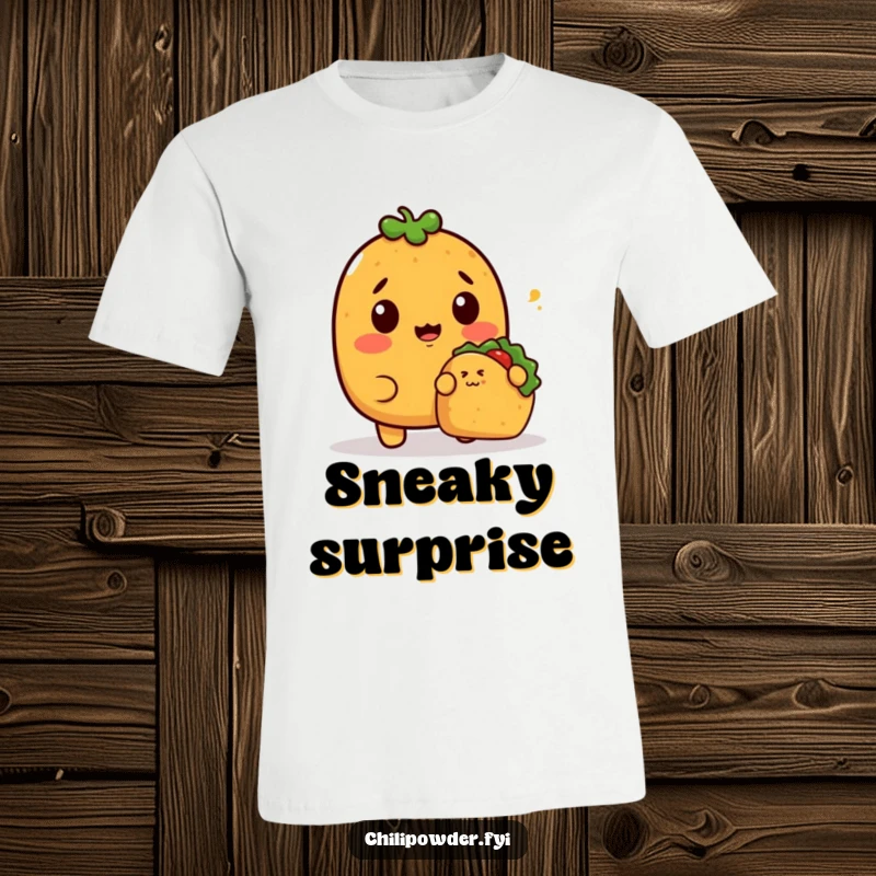 Funny T-Shirt featuring a surprised kawaii chili powder character looking shocked as a tiny taco stealthily sneaks up behind it.