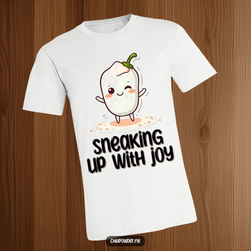 Funny Kawaii Chili Powder T-Shirt - A cute cartoon chili powder character tiptoeing sneakily with a hidden smile, great for playful apparel.