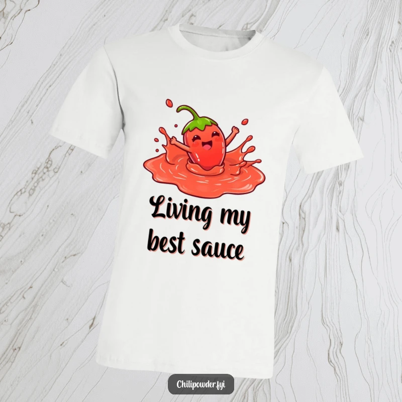Funny T-Shirt: Kawaii chili powder character gleefully splashing in a vibrant red sauce puddle, radiating pure joy and energy, a unique apparel gift.