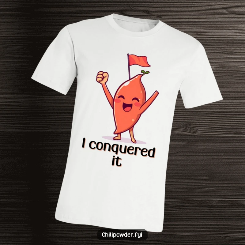 Funny chili powder t-shirt showing a character celebrating victory with raised arms and a tiny flag.