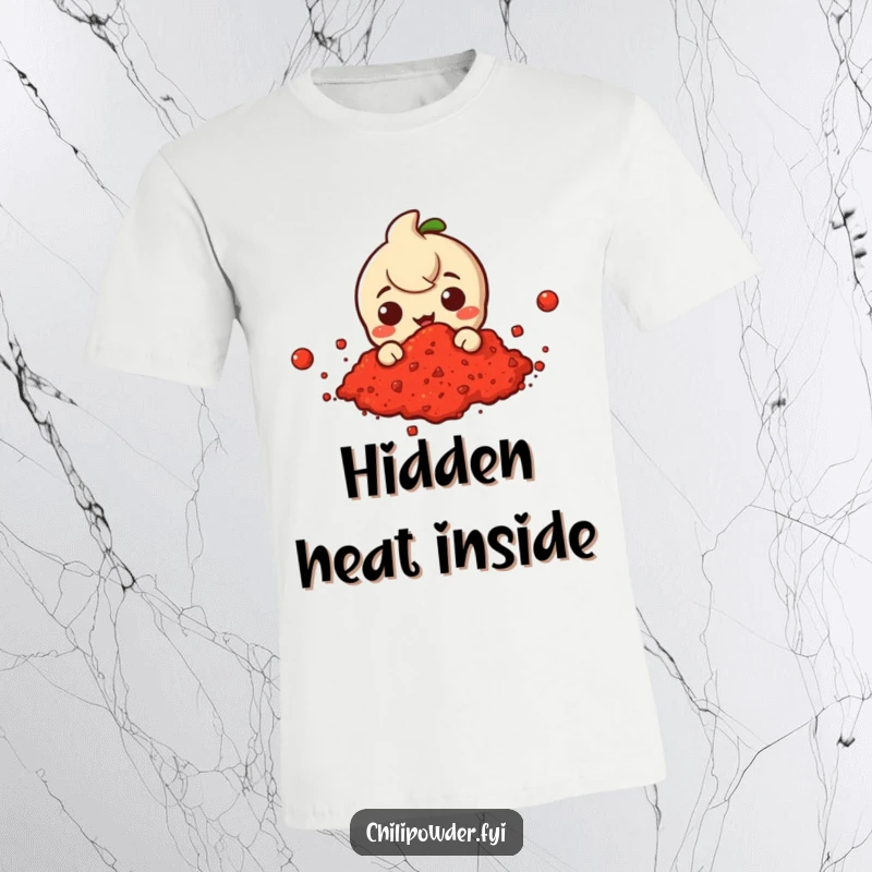 Funny t-shirt featuring a chili powder character emerging playfully from a swirling cloud of red chili powder, a fun peekaboo design.