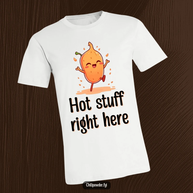 Funny t-shirt featuring a chili powder character with tiny legs doing an energetic, fiery dance, radiating heat and humor.