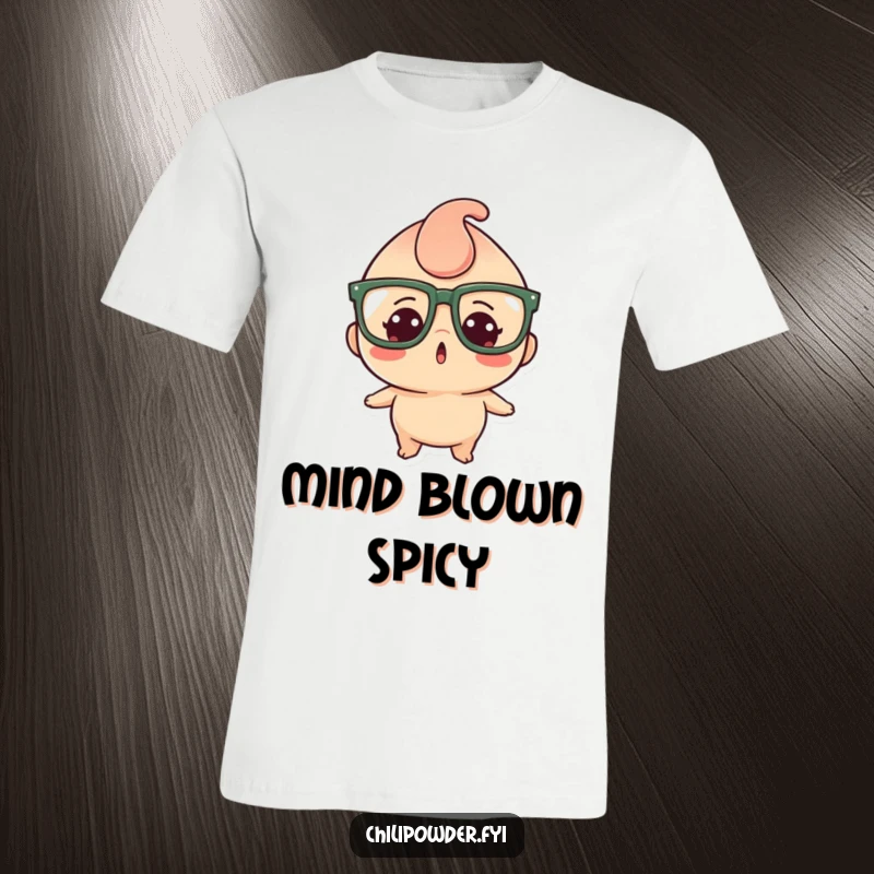 Funny t-shirt showcasing a kawaii chili powder character in oversized glasses, exuding a perfectly surprised and amusing expression.