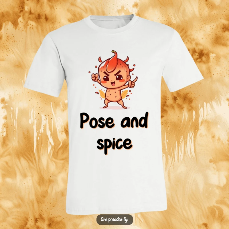 Funny t-shirt showcasing a chili powder character striking a powerful, dramatic, and spicy pose with flair.