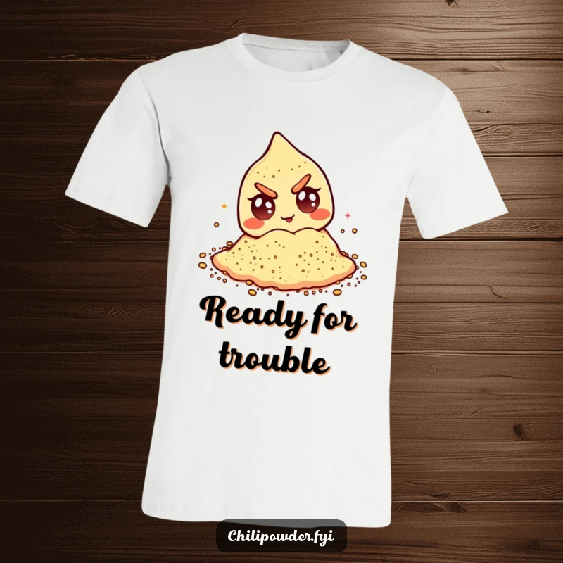 Funny chili powder t-shirt with a mischievous winking face and googly eyes, ideal for spicy humor lovers.