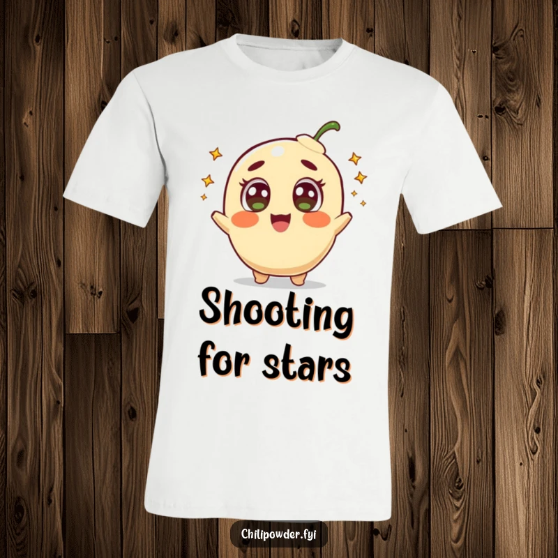 Funny t-shirt graphic of a delighted chili powder character with wide eyes, enthusiastically shooting small comets into space.