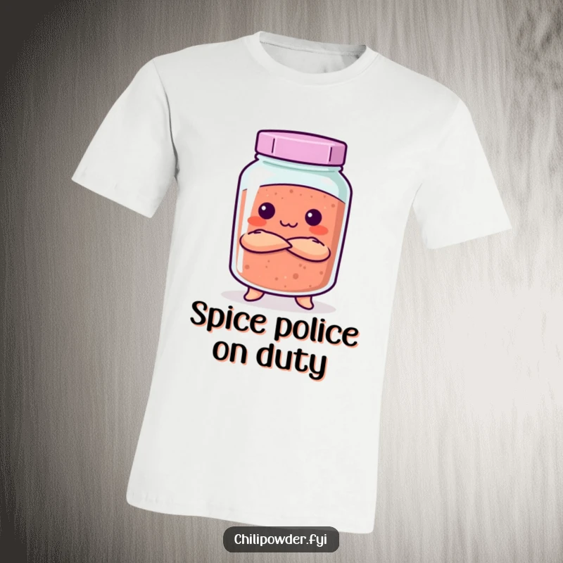 Funny Kawaii chili powder jar with crossed arms and a stern expression on a bold t-shirt design.