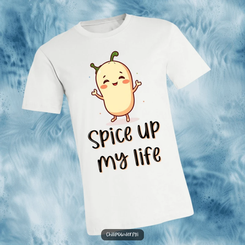 Funny t-shirt with a dancing chili powder character in full jig, radiating energy and a love for spice, a truly comical sight.