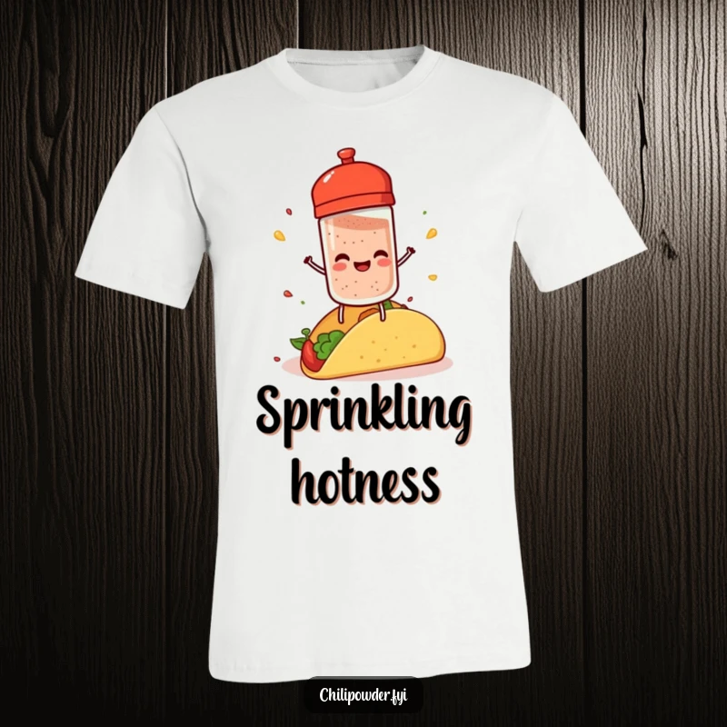 Funny chili powder shaker with tiny legs, joyfully sprinkling spice onto a taco, showcasing culinary excitement.