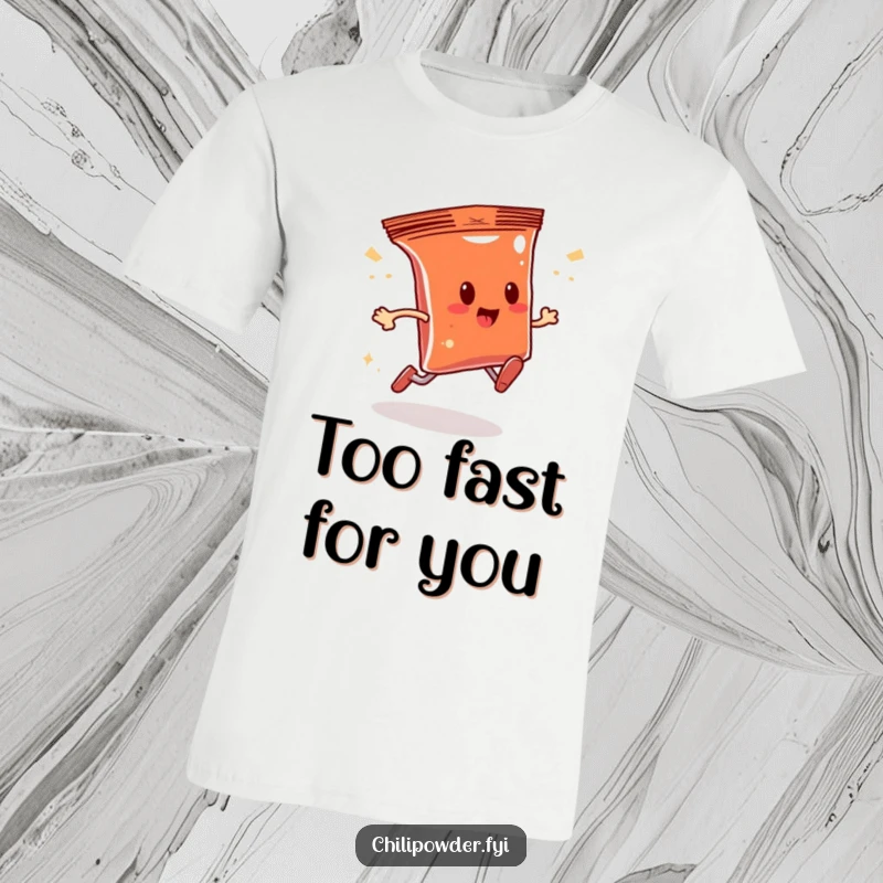 Funny chili powder bag character running with exaggerated speed and a sparkly trail on a t-shirt, embodying pure fun and motion.