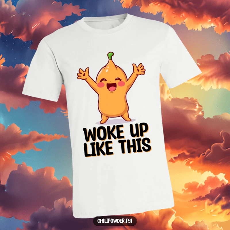 Funny T-Shirt: A cute chili powder character performs a silly, exaggerated stretch, capturing vibrant morning energy.