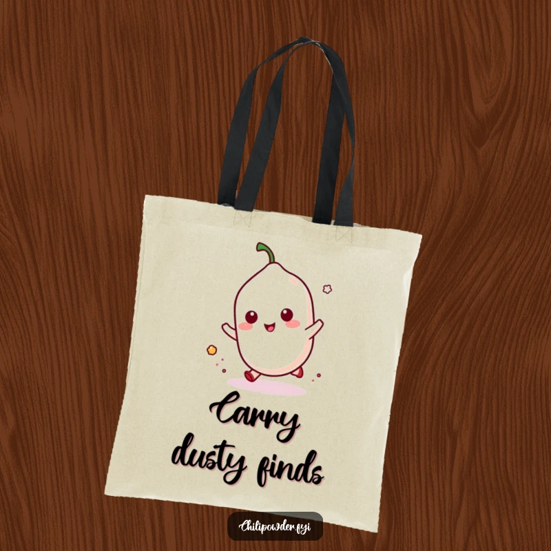 Funny kawaii chili powder doing a playful hop with a puff of dust, making this tote bag perfect for carrying active essentials.