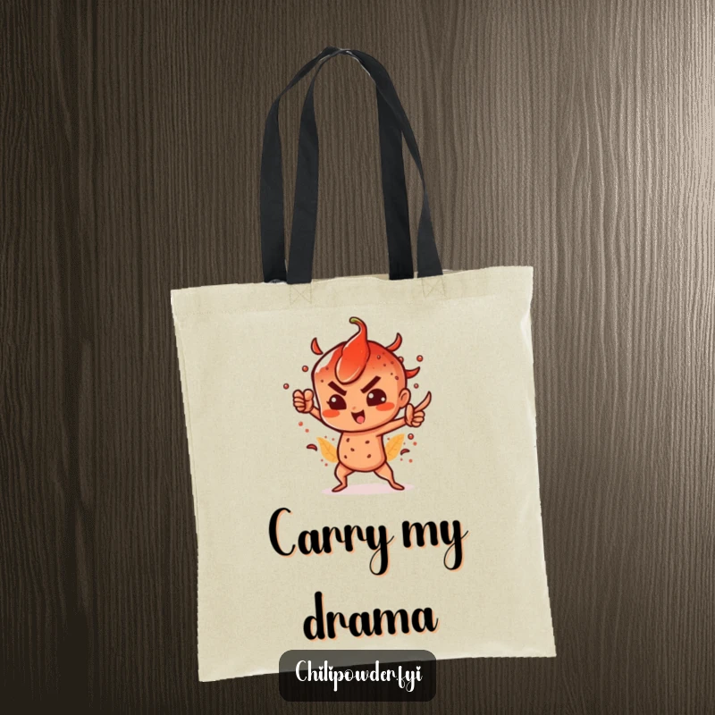 Funny tote bag depicting a chili powder character in a dramatic, commanding, and spicy pose, ready for action.