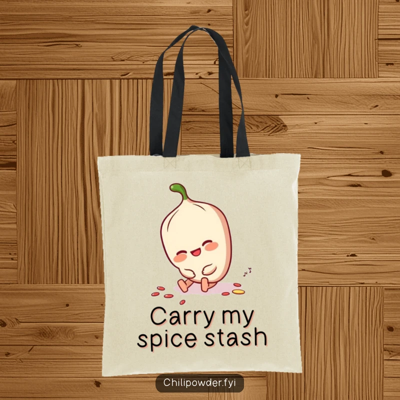Funny chili powder character tripping slightly but smiling, dusting itself off on a durable tote bag.