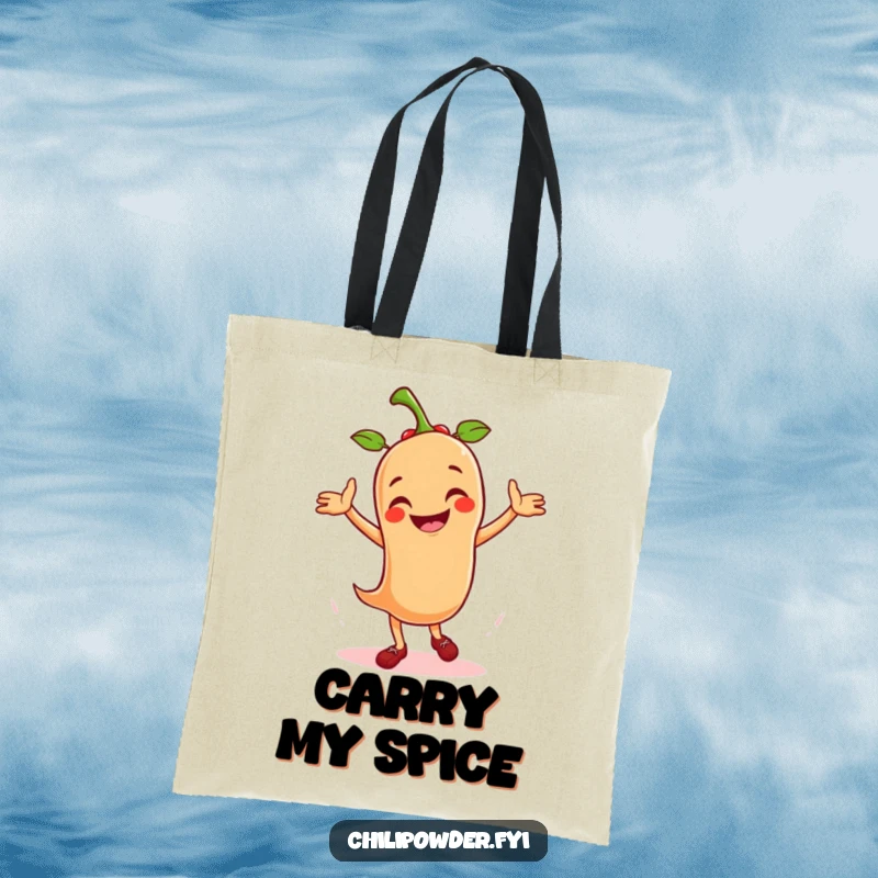 Funny tote bag showcasing a lively chili powder character executing an energetic salsa dance, perfect for market trips.