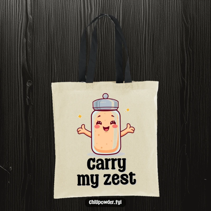 Funny kawaii chili powder shaker tote bag, beaming smile, arms extended, ideal for carrying groceries or essentials.