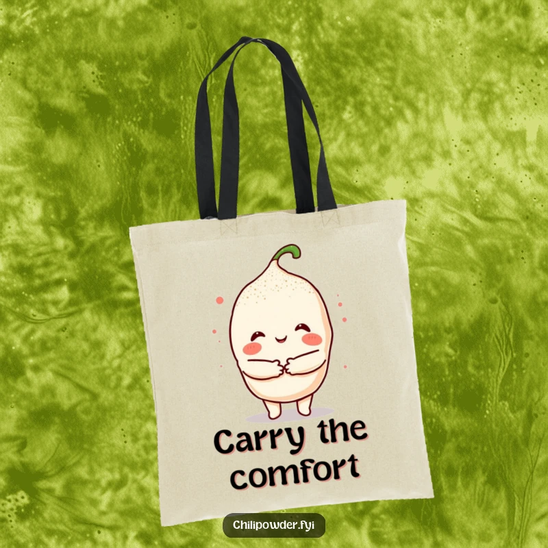 Funny Kawaii Chili Hug Tote Bag: A cute chili character giving a welcoming hug, perfect for carrying items with warmth.