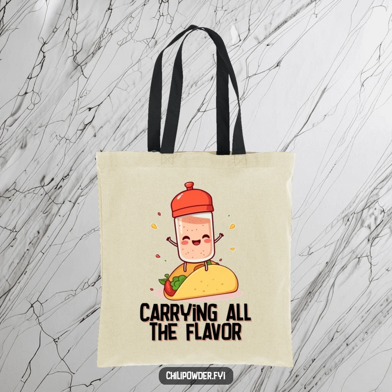 Funny chili powder shaker with tiny legs, joyfully sprinkling spice onto a taco, perfect for carrying your essentials.