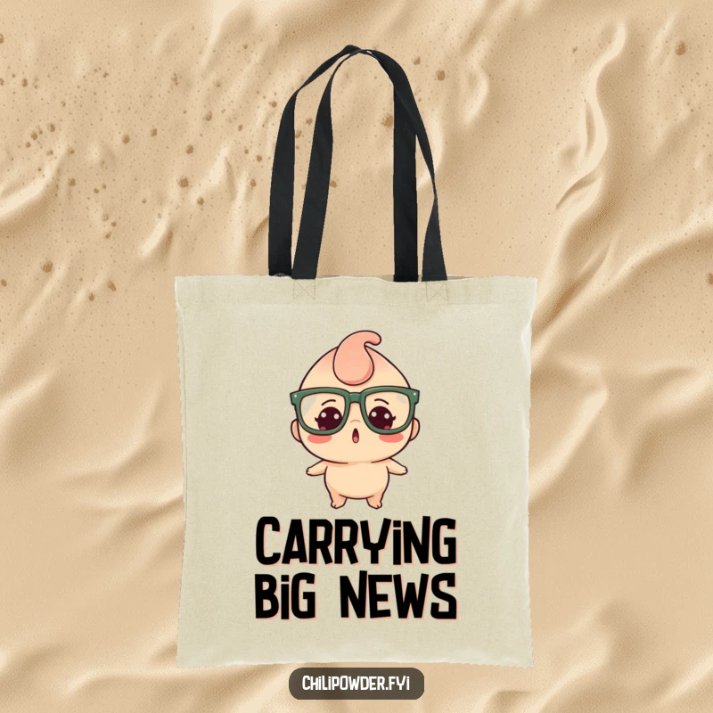 Funny tote bag featuring a kawaii chili powder character in large glasses, expressing a hilarious, wide-eyed surprise.