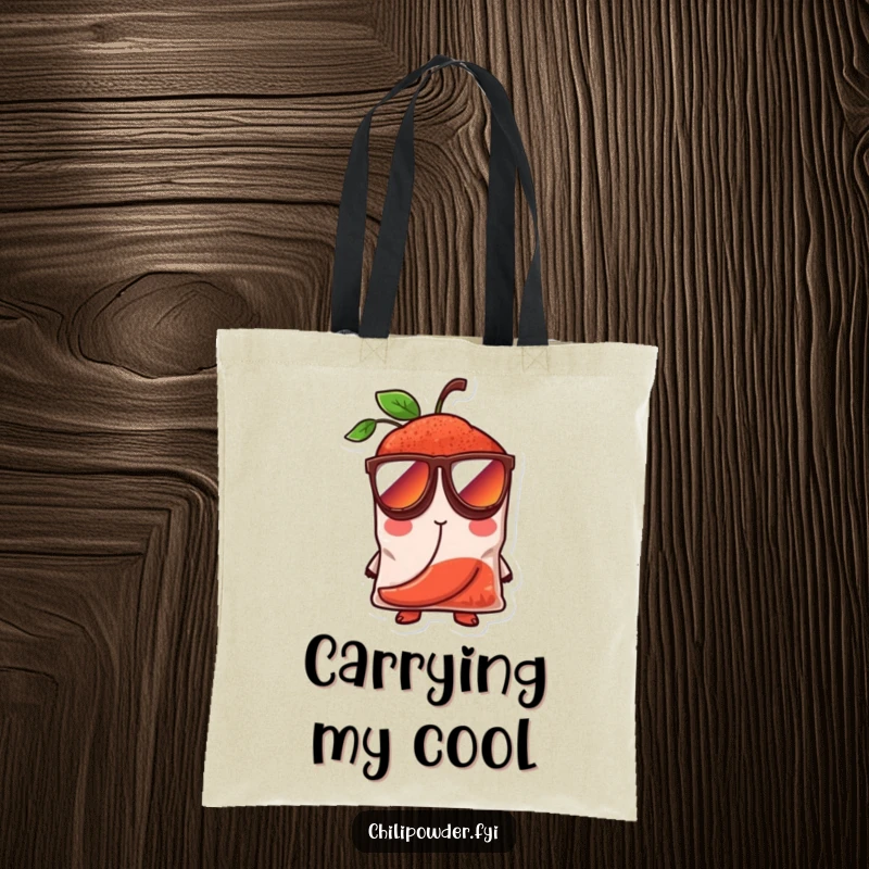 Funny chili powder bag character wearing oversized sunglasses, looking cool and confident, on a practical tote bag for everyday use.