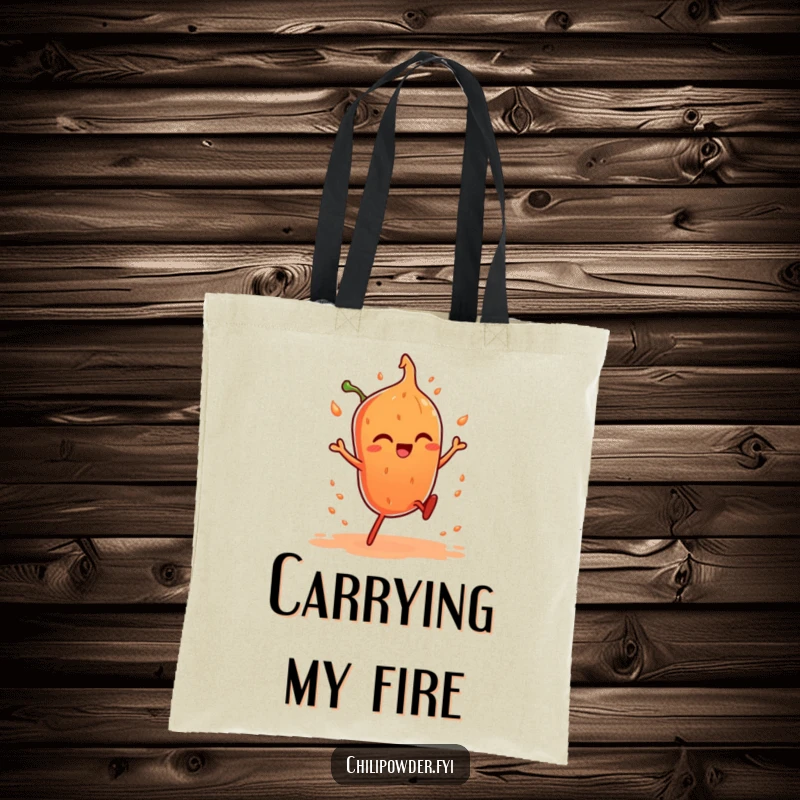 Funny tote bag with a chili powder character doing a fiery dance, perfect for carrying items with a spicy flair.