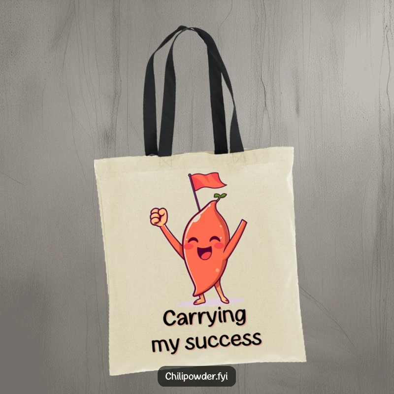 Funny tote bag featuring a chili powder character celebrating triumph with raised arms and a tiny flag.