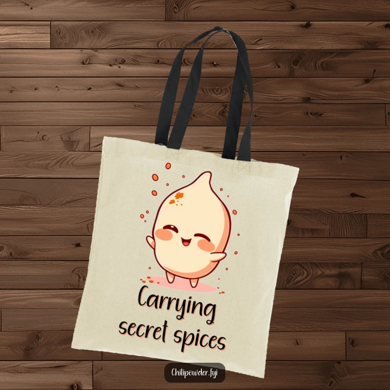 Funny chili powder character winking and sprinkling spice on a chic tote bag, for everyday use.