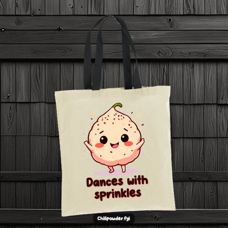 Funny chili powder puff in a silly happy dance, surrounded by sprinkles, on a durable tote bag.