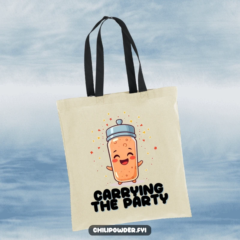 Funny chili powder shaker erupting in confetti, a humorous and vibrant tote bag for party essentials.