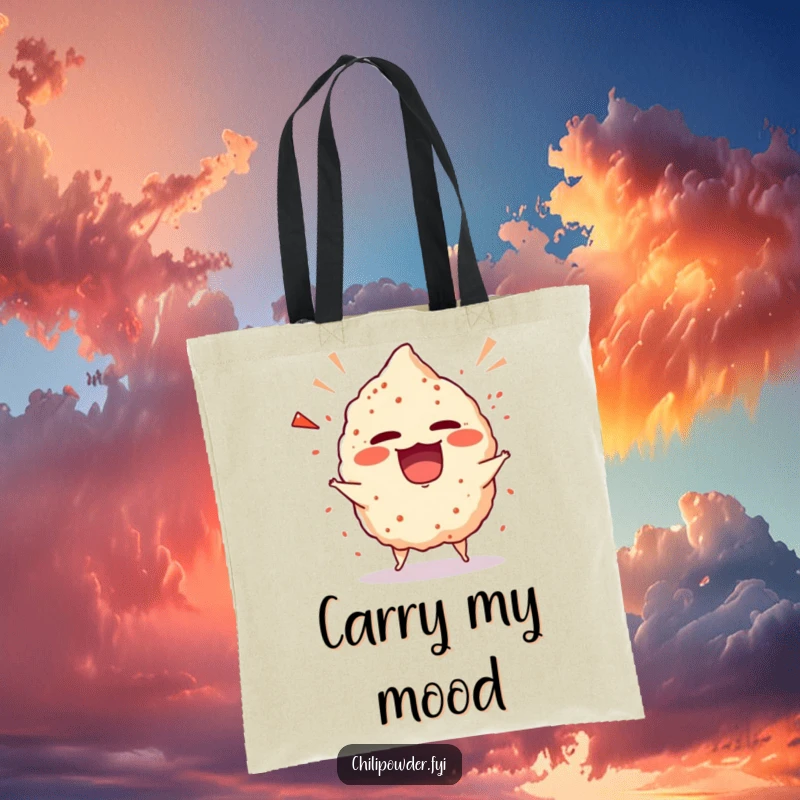Funny chili powder puff in a playful, giggling tantrum on a durable tote bag, ready for errands.