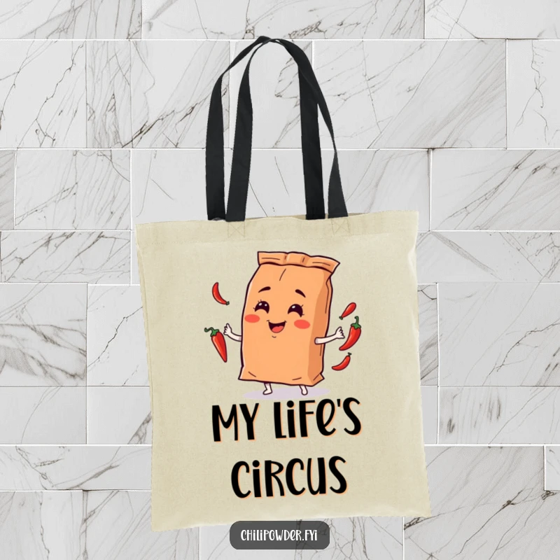 Funny chili powder bag character juggling small chili peppers with a playful smirk, on a tote bag, perfect for carrying essentials humorously.
