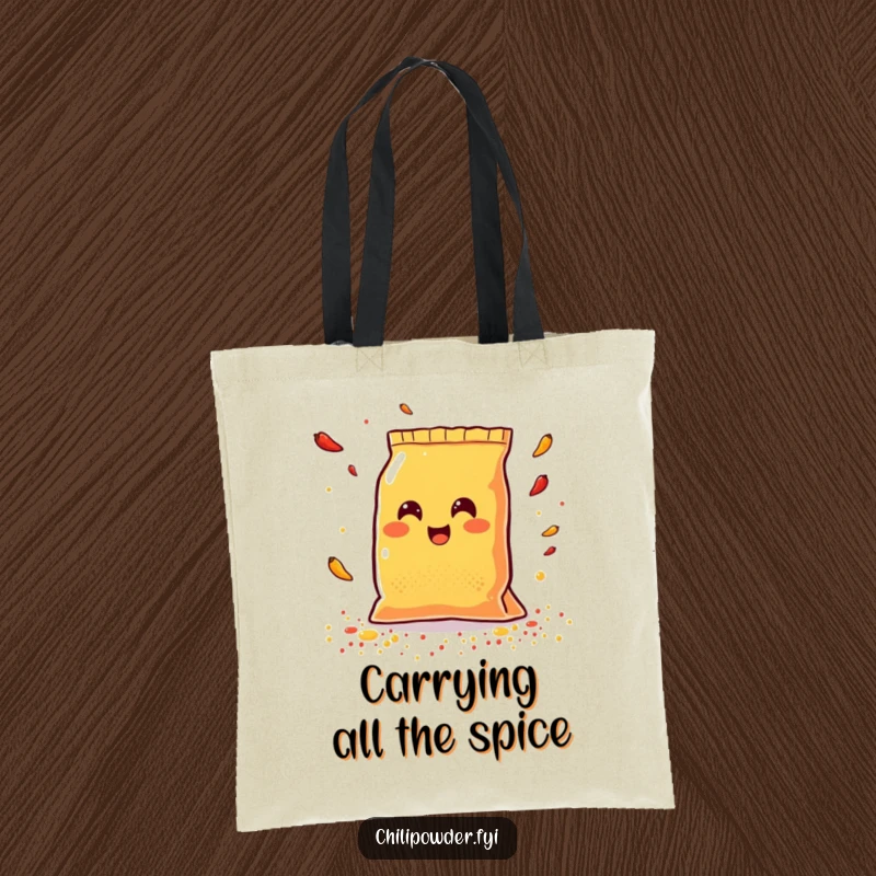 Funny Kawaii chili powder bag joyfully scattering colorful spices, a cheerful and spacious tote bag.