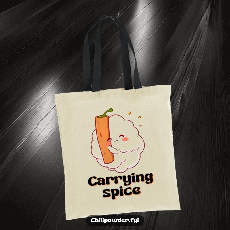 Funny Kawaii chili powder cloud playfully interacting with a cinnamon stick on a durable and humorous tote bag.